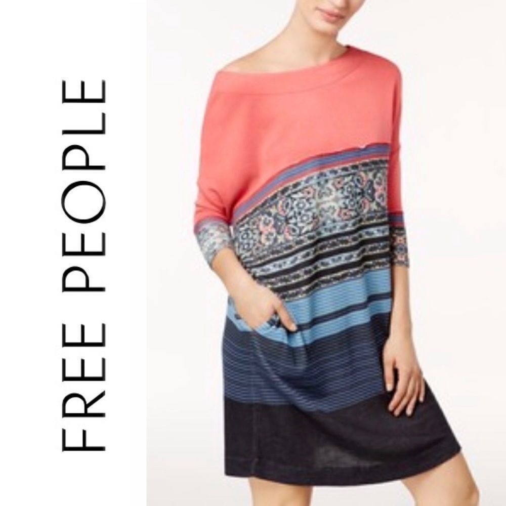 Free People Steppin Out Tunic Shift Dress Small 3/4 Sleeves Oversized Pocket